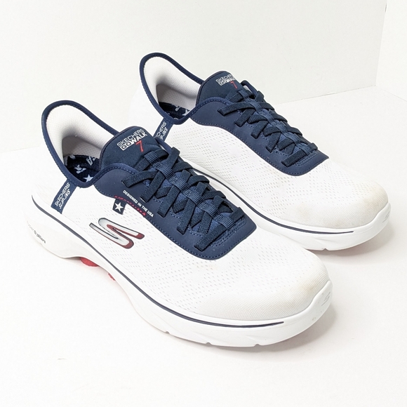 Skechers Slip-Ins Go Walk 7 Sneakers, White/Navy, Men's 10.5 - Picture 1 of 6